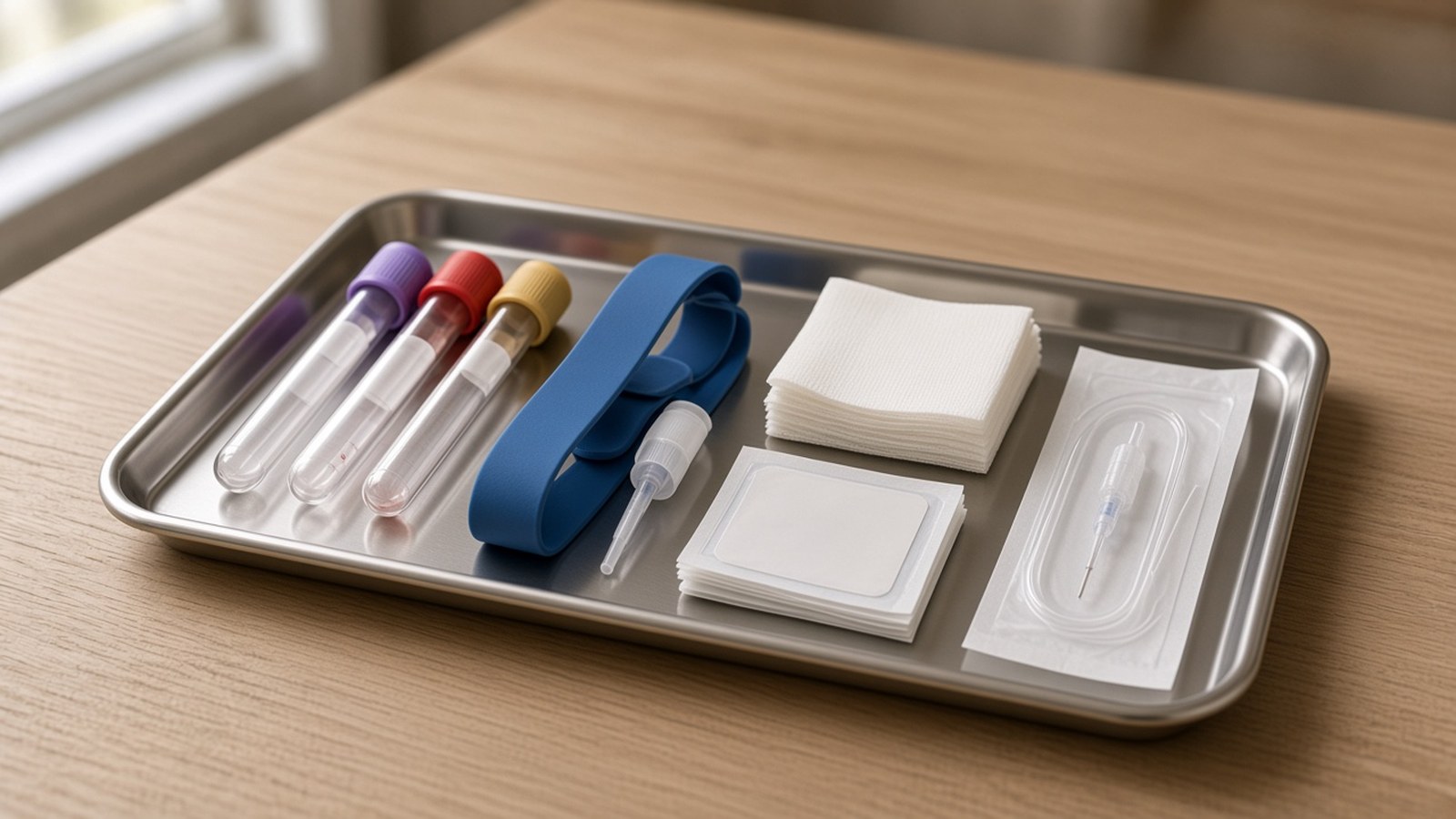Phlebotomy tray with blood collection tubes, a tourniquet, gauze, and a butterfly needle